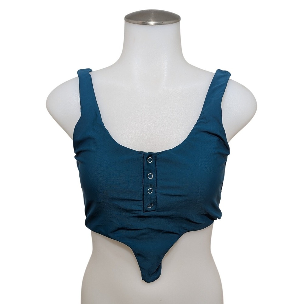 ZAFUL Bikini Top Womens 4 Small Teal Blue Snap Front V-Hem Scoop Neck